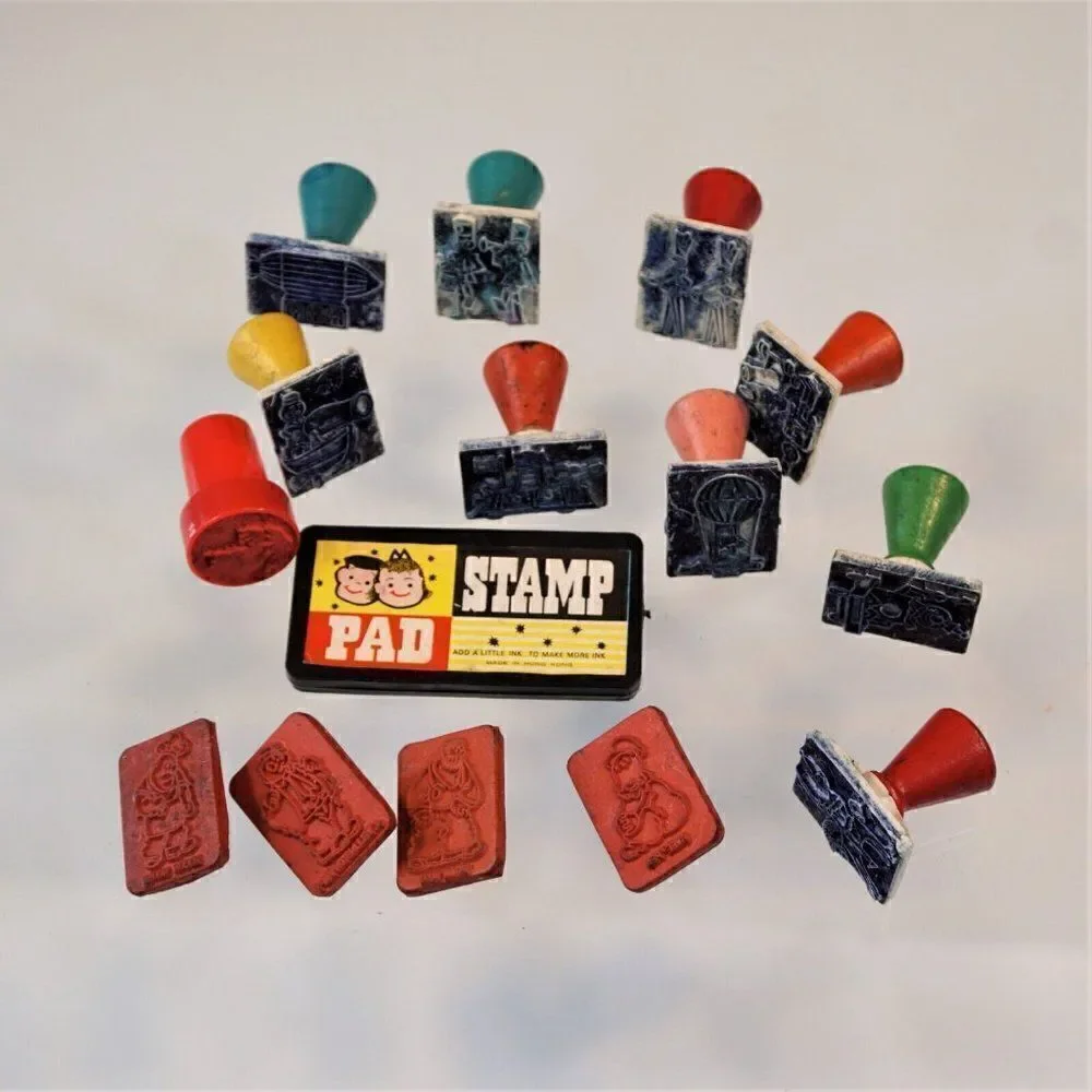 Vintage Kids Rubber Stamps Mixed Lot of 14 With Stamp Pad Kids Crafts